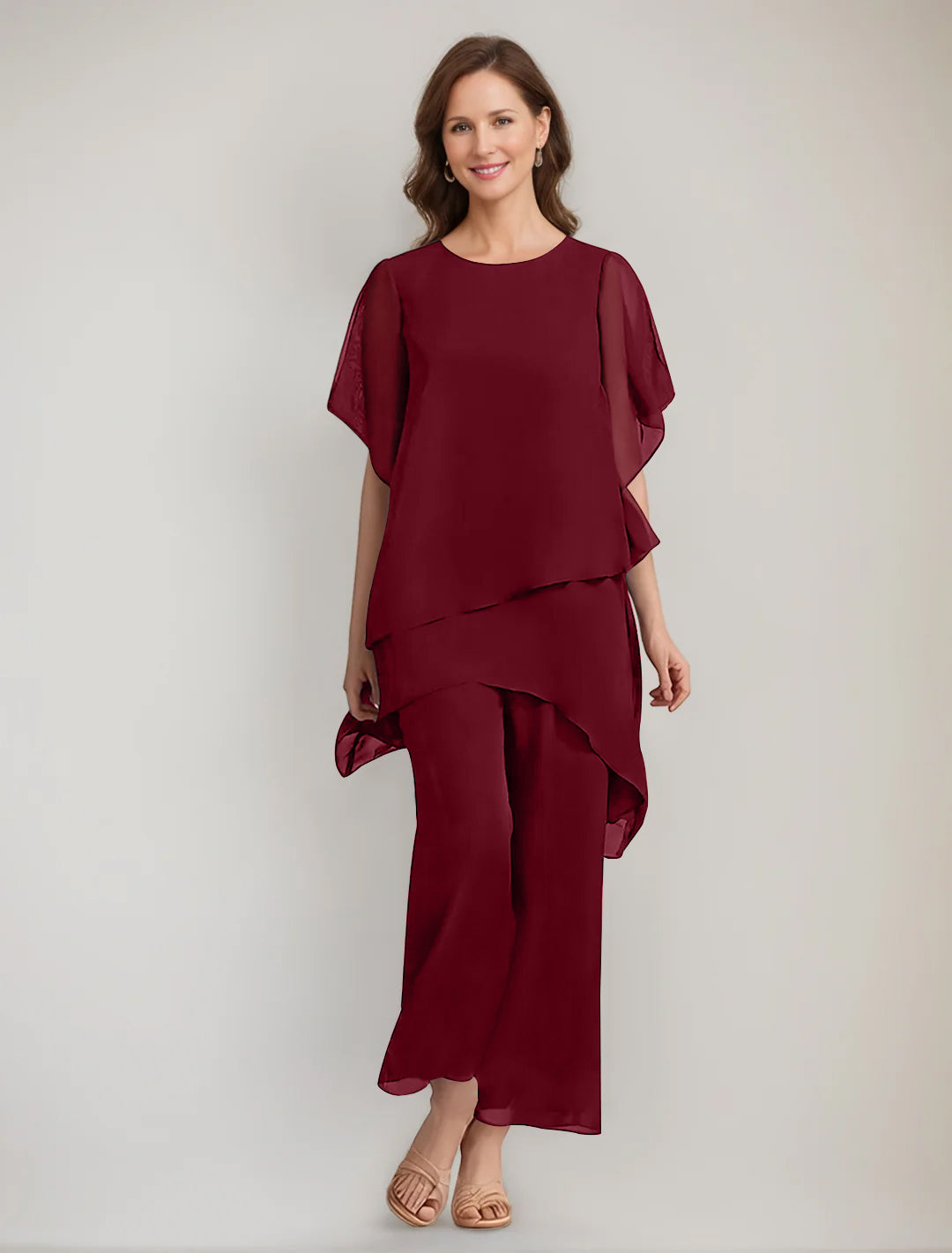 2 Pieces Scoop 1/2 Sleeves Ankle-Length Asymmetrical Mother Of The Bride Pantsuits With Button