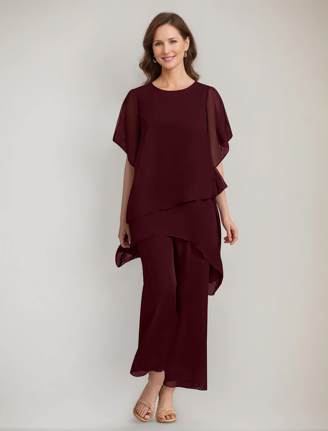 2 Pieces Scoop 1/2 Sleeves Ankle-Length Asymmetrical Mother Of The Bride Pantsuits With Button