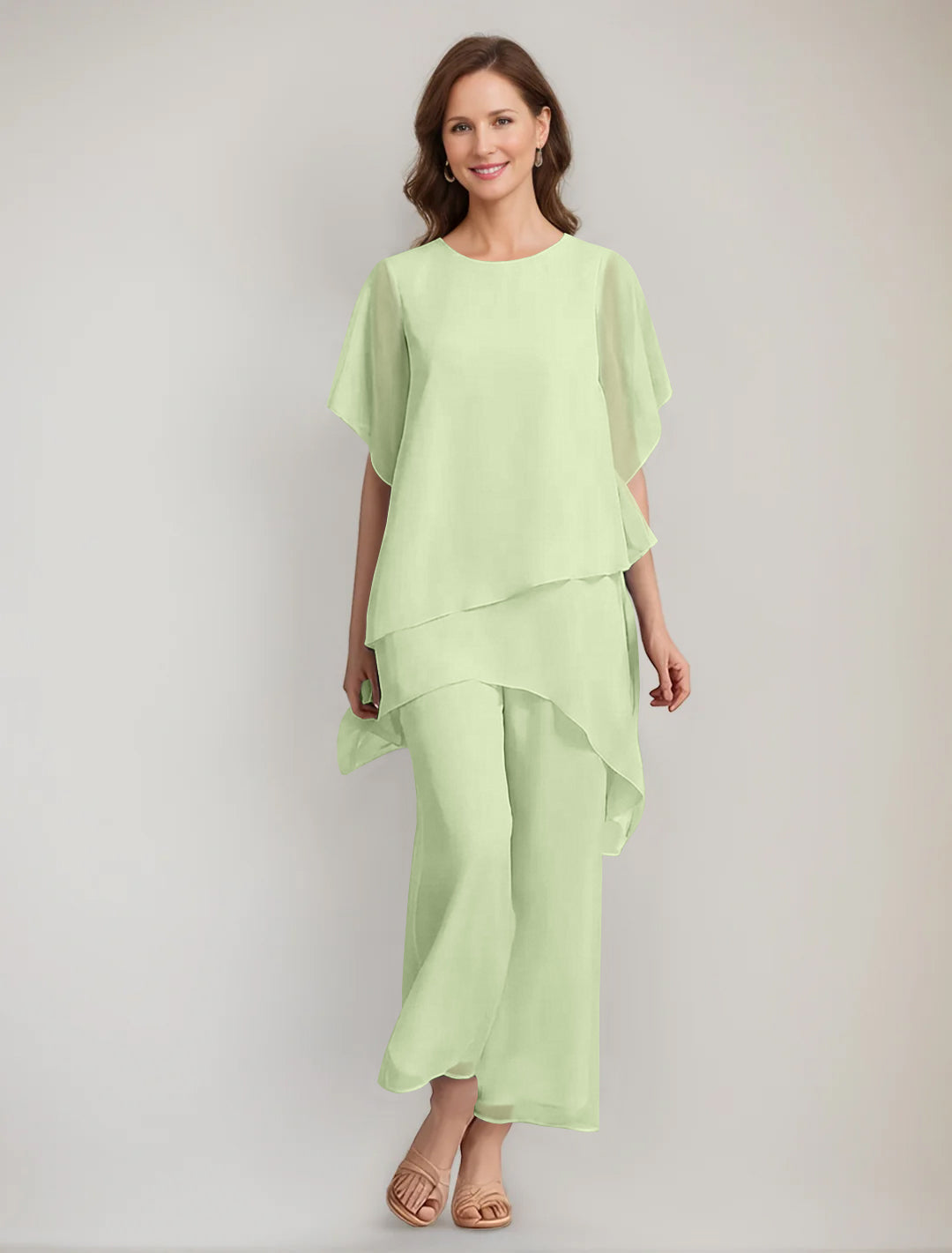2 Pieces Scoop 1/2 Sleeves Ankle-Length Asymmetrical Mother Of The Bride Pantsuits With Button