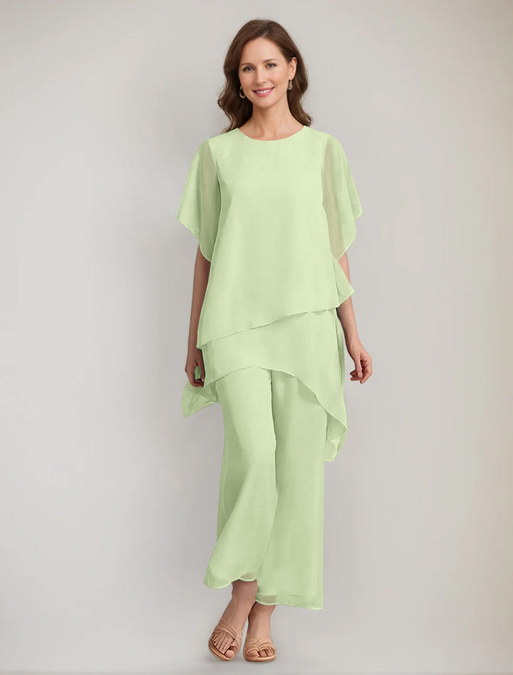 2 Pieces Scoop 1/2 Sleeves Ankle-Length Asymmetrical Mother Of The Bride Pantsuits With Button