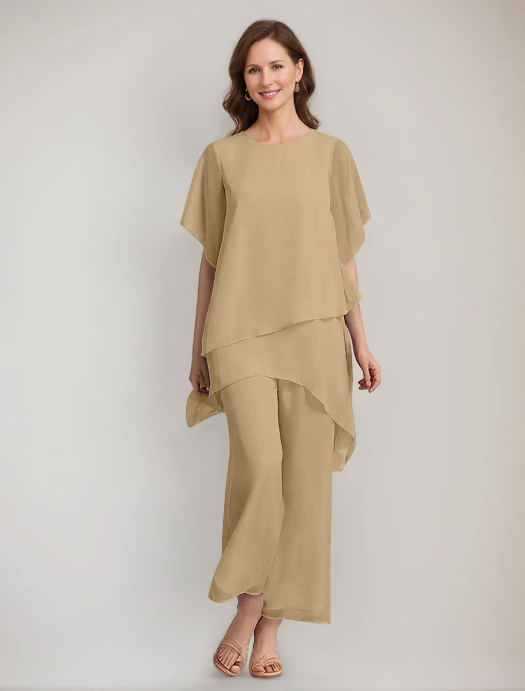 2 Pieces Scoop 1/2 Sleeves Ankle-Length Asymmetrical Mother Of The Bride Pantsuits With Button