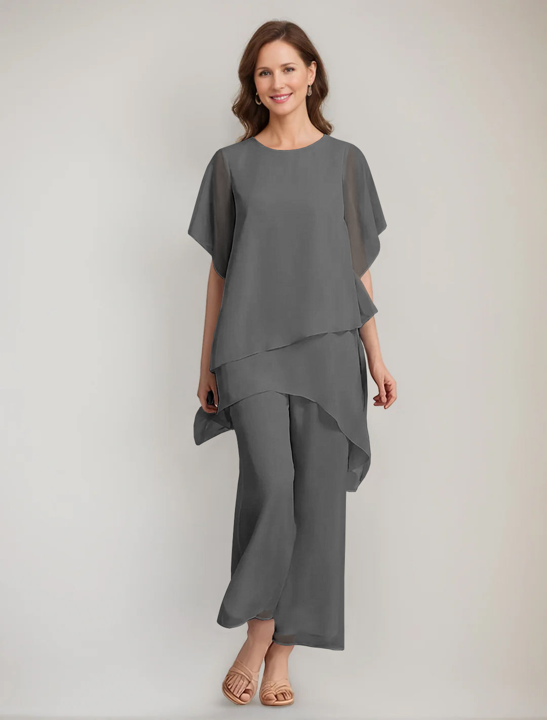 2 Pieces Scoop 1/2 Sleeves Ankle-Length Asymmetrical Mother Of The Bride Pantsuits With Button