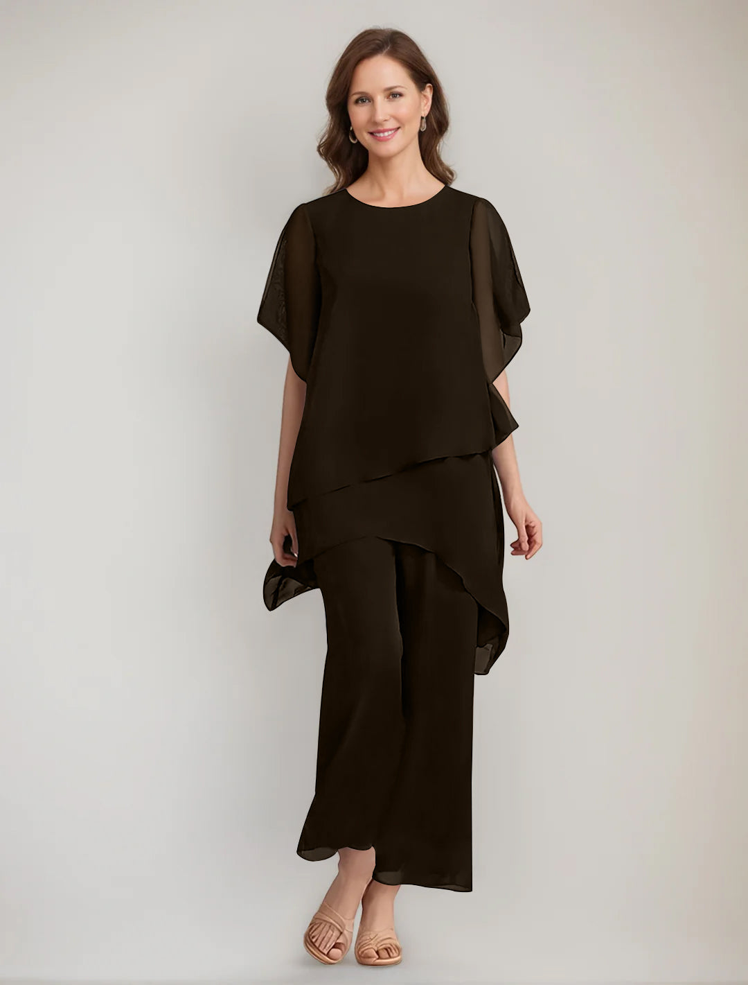 2 Pieces Scoop 1/2 Sleeves Ankle-Length Asymmetrical Mother Of The Bride Pantsuits With Button