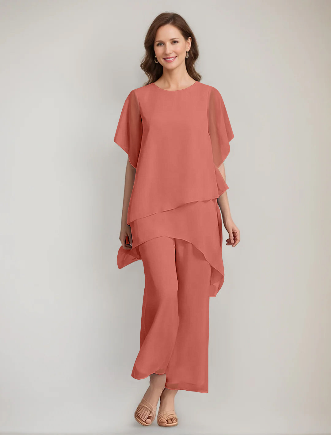 2 Pieces Scoop 1/2 Sleeves Ankle-Length Asymmetrical Mother Of The Bride Pantsuits With Button