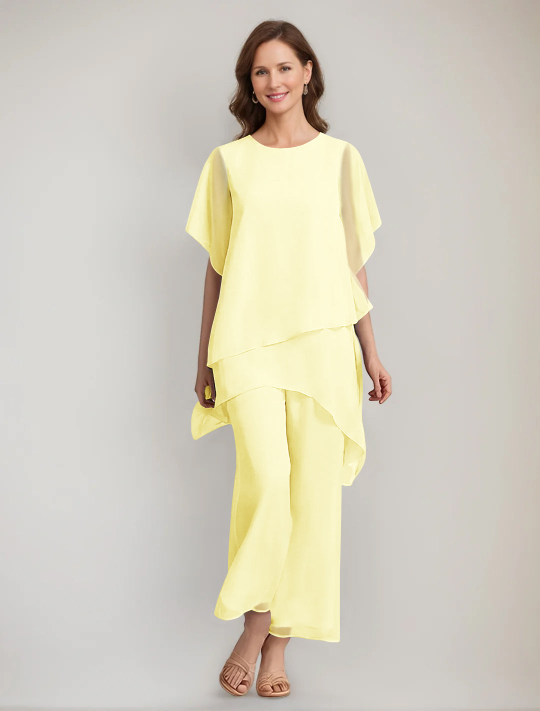 2 Pieces Scoop 1/2 Sleeves Ankle-Length Asymmetrical Mother Of The Bride Pantsuits With Button