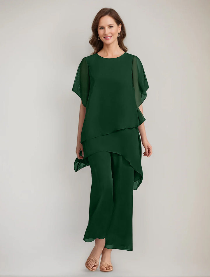 2 Pieces Scoop 1/2 Sleeves Ankle-Length Asymmetrical Mother Of The Bride Pantsuits With Button