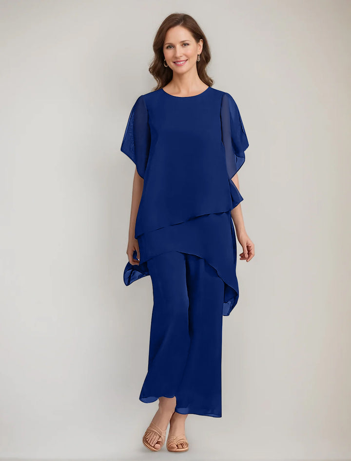 2 Pieces Scoop 1/2 Sleeves Ankle-Length Asymmetrical Mother Of The Bride Pantsuits With Button