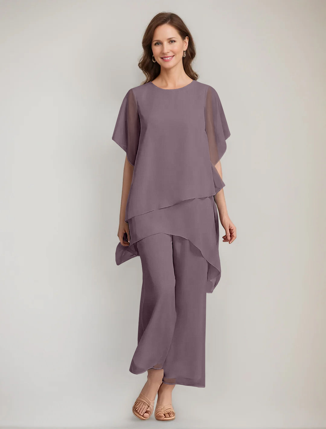 2 Pieces Scoop 1/2 Sleeves Ankle-Length Asymmetrical Mother Of The Bride Pantsuits With Button