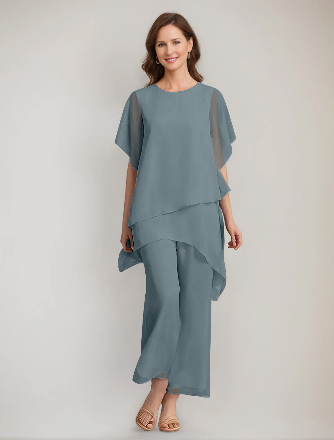 2 Pieces Scoop 1/2 Sleeves Ankle-Length Asymmetrical Mother Of The Bride Pantsuits With Button