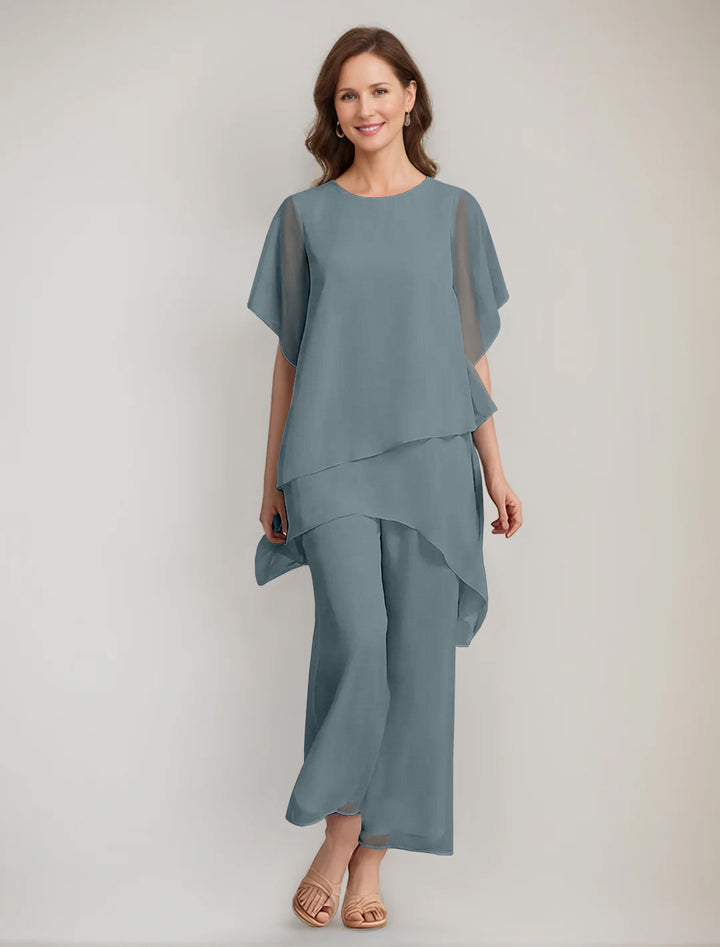 2 Pieces Scoop 1/2 Sleeves Ankle-Length Asymmetrical Mother Of The Bride Pantsuits With Button