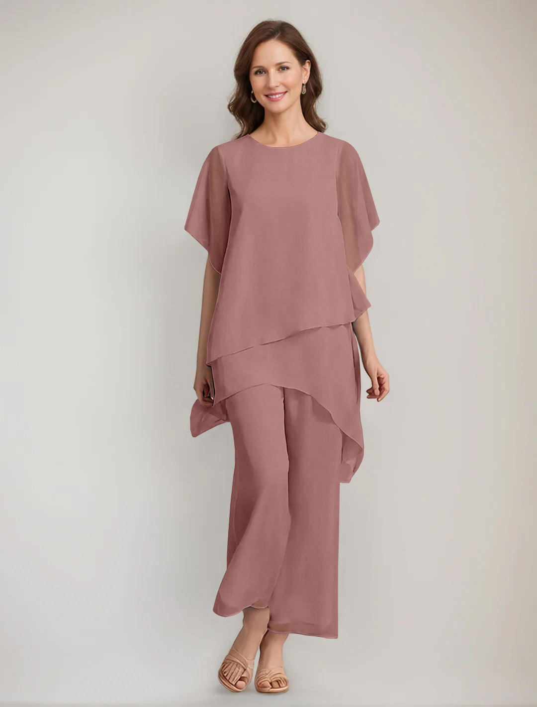 2 Pieces Scoop 1/2 Sleeves Ankle-Length Asymmetrical Mother Of The Bride Pantsuits With Button