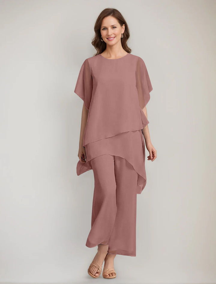 2 Pieces Scoop 1/2 Sleeves Ankle-Length Asymmetrical Mother Of The Bride Pantsuits With Button