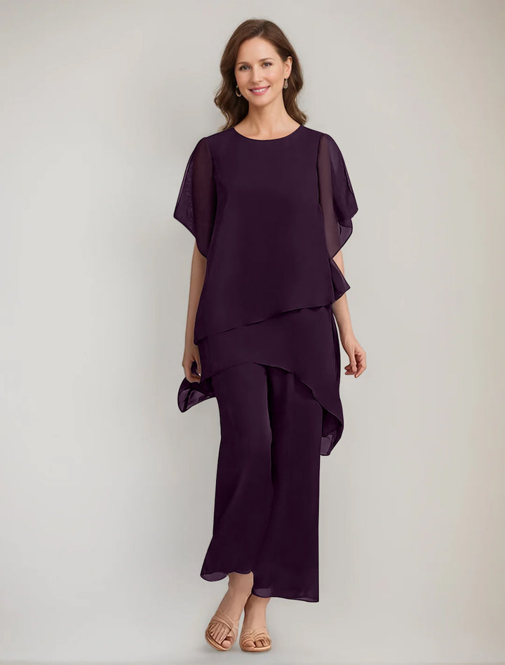 2 Pieces Scoop 1/2 Sleeves Ankle-Length Asymmetrical Mother Of The Bride Pantsuits With Button