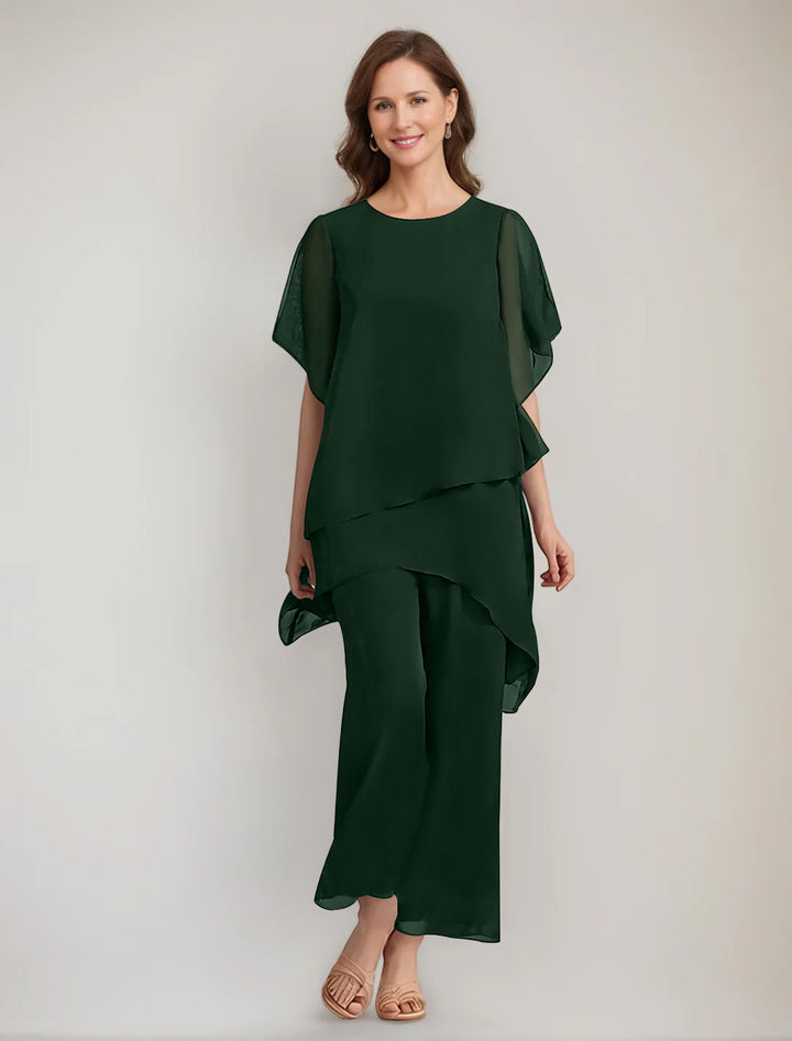 2 Pieces Scoop 1/2 Sleeves Ankle-Length Asymmetrical Mother Of The Bride Pantsuits With Button