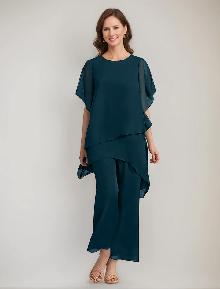 2 Pieces Scoop 1/2 Sleeves Ankle-Length Asymmetrical Mother Of The Bride Pantsuits With Button