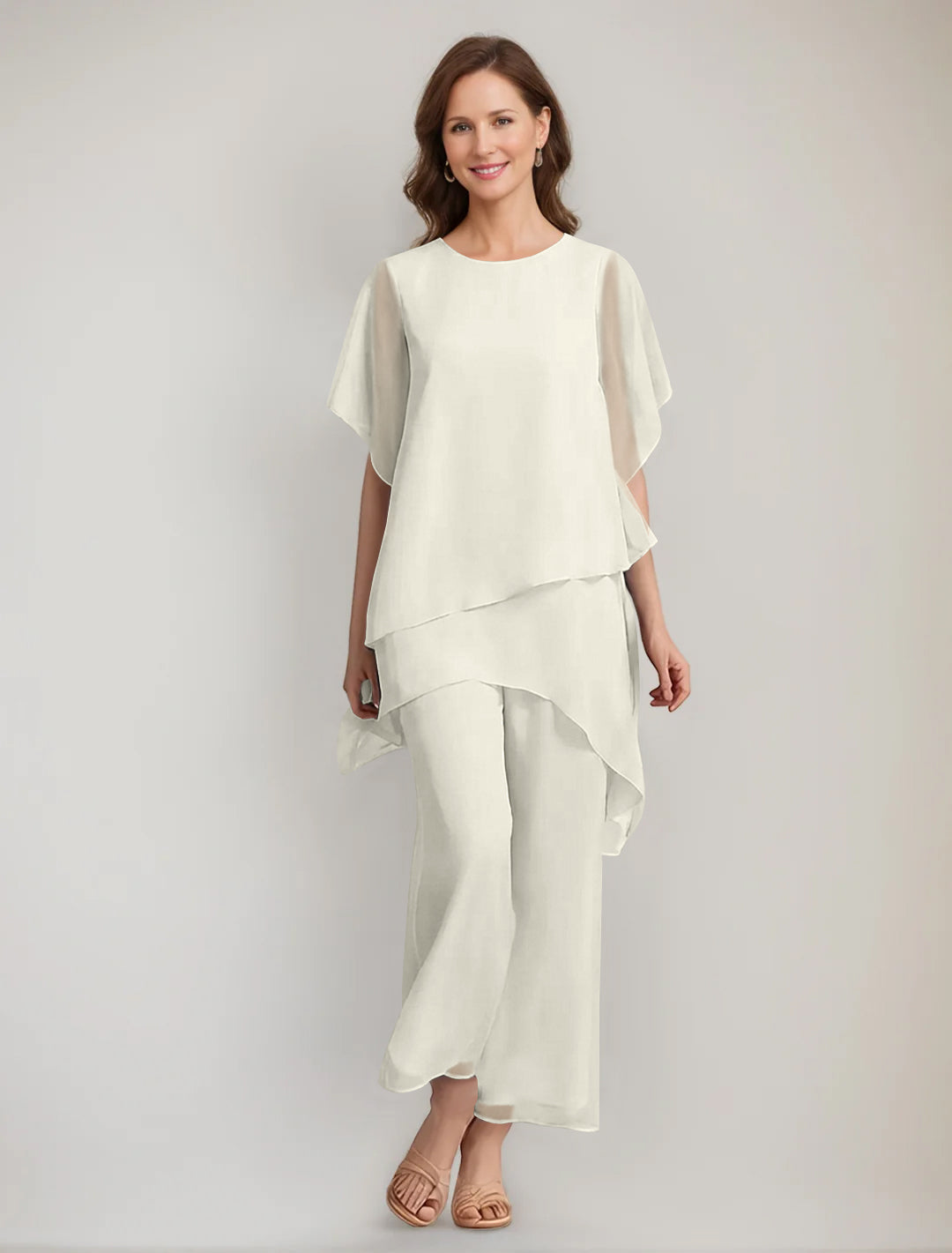 2 Pieces Scoop 1/2 Sleeves Ankle-Length Asymmetrical Mother Of The Bride Pantsuits With Button