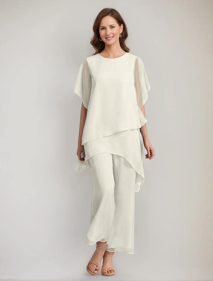 2 Pieces Scoop 1/2 Sleeves Ankle-Length Asymmetrical Mother Of The Bride Pantsuits With Button
