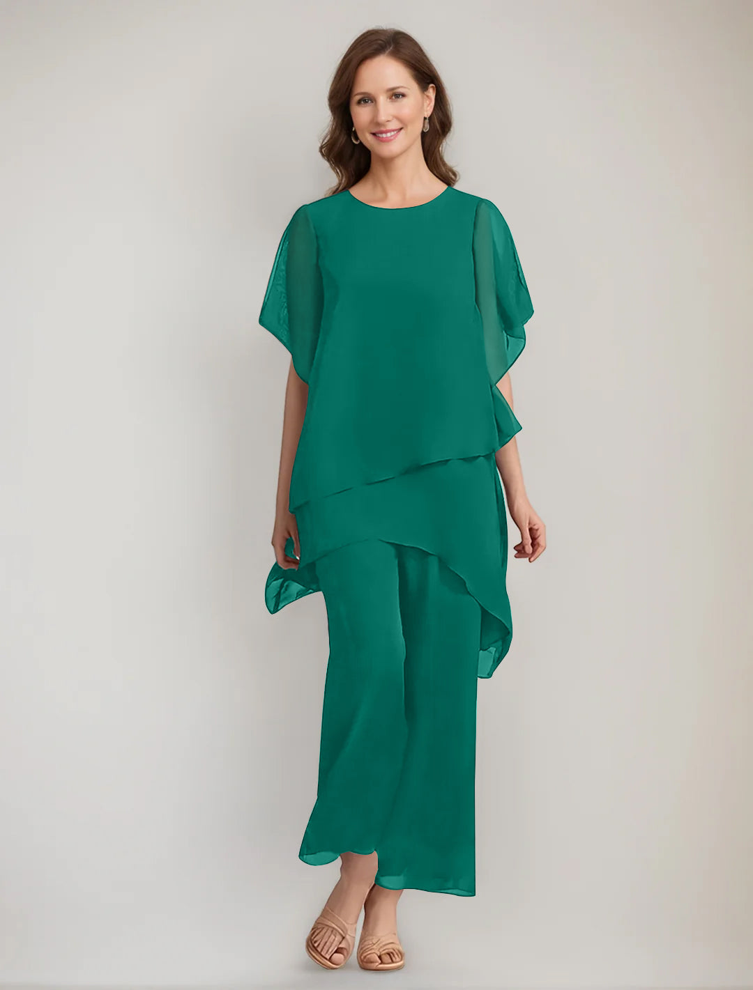 2 Pieces Scoop 1/2 Sleeves Ankle-Length Asymmetrical Mother Of The Bride Pantsuits With Button