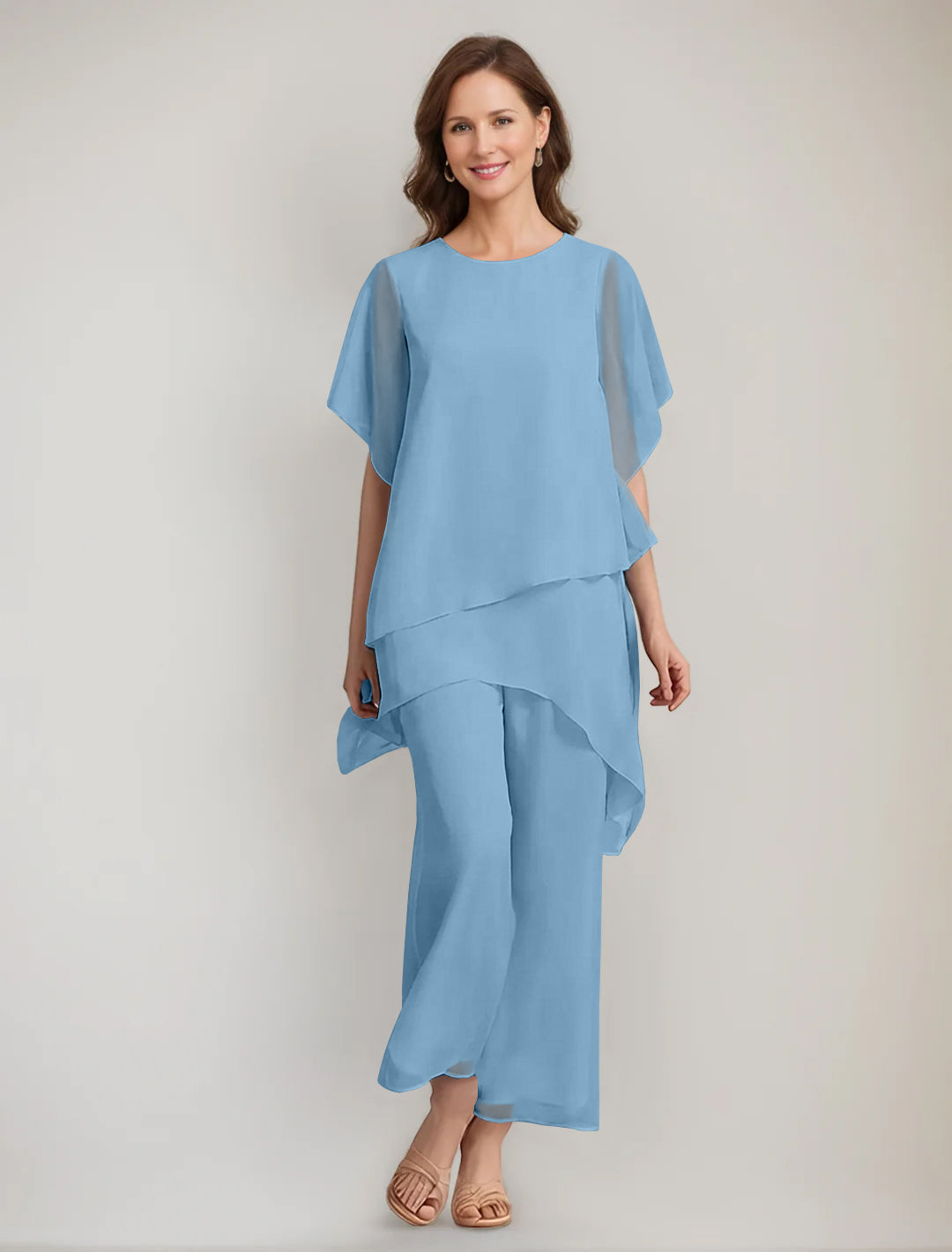 2 Pieces Scoop 1/2 Sleeves Ankle-Length Asymmetrical Mother Of The Bride Pantsuits With Button