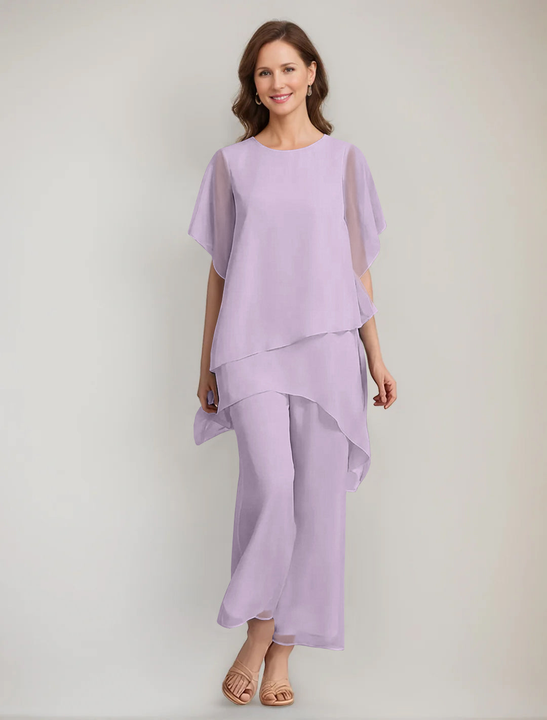 2 Pieces Scoop 1/2 Sleeves Ankle-Length Asymmetrical Mother Of The Bride Pantsuits With Button