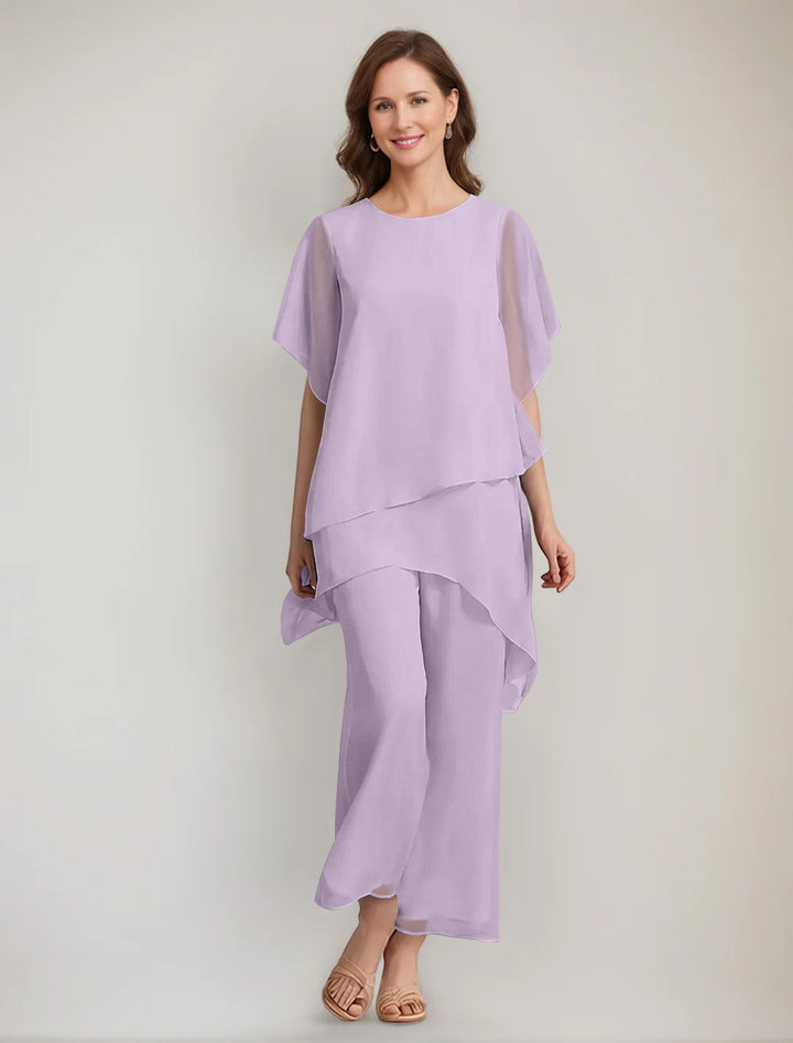 2 Pieces Scoop 1/2 Sleeves Ankle-Length Asymmetrical Mother Of The Bride Pantsuits With Button