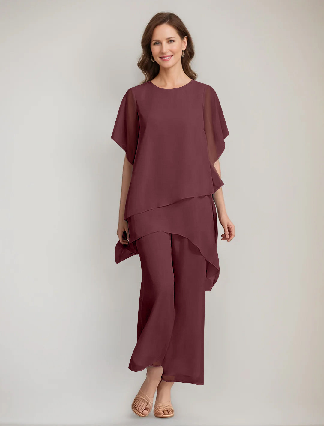 2 Pieces Scoop 1/2 Sleeves Ankle-Length Asymmetrical Mother Of The Bride Pantsuits With Button