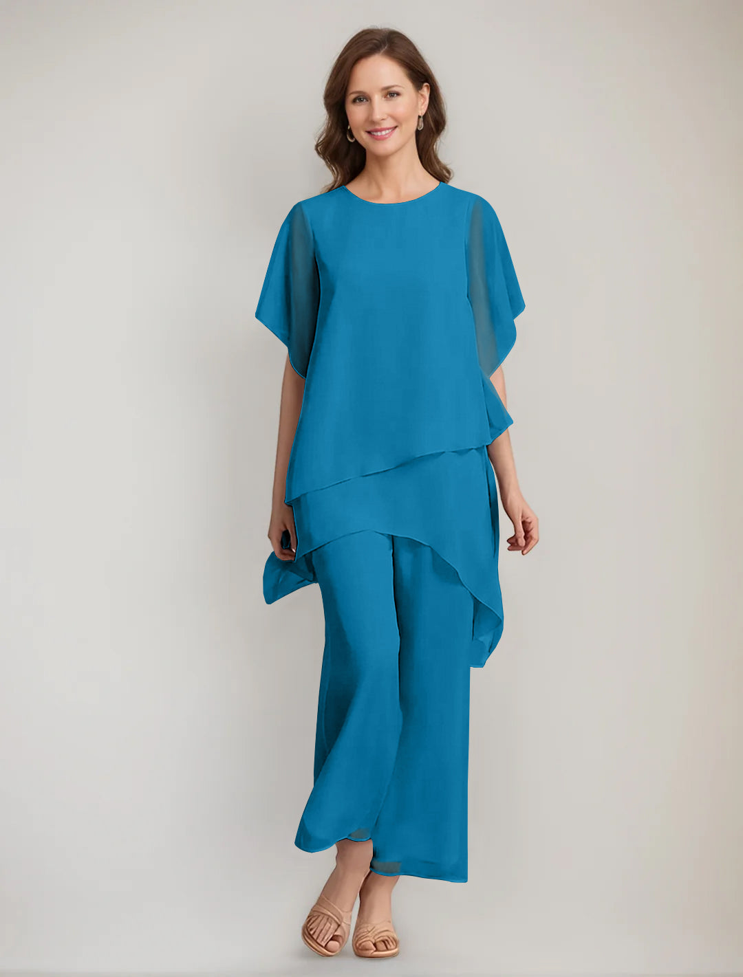2 Pieces Scoop 1/2 Sleeves Ankle-Length Asymmetrical Mother Of The Bride Pantsuits With Button