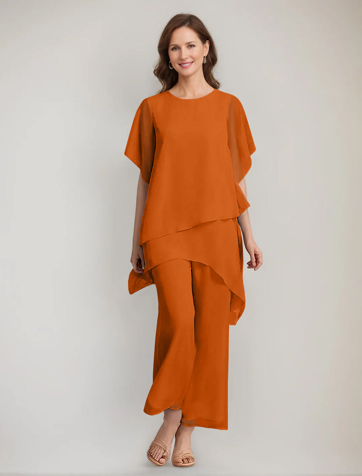 2 Pieces Scoop 1/2 Sleeves Ankle-Length Asymmetrical Mother Of The Bride Pantsuits With Button