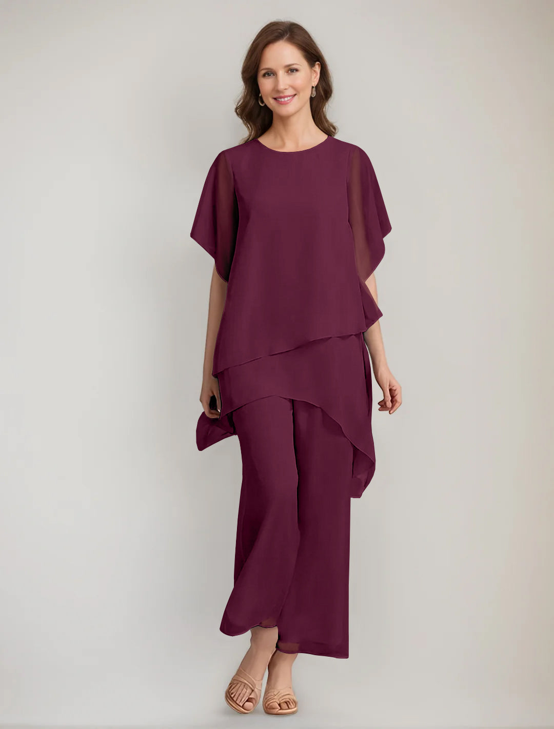 2 Pieces Scoop 1/2 Sleeves Ankle-Length Asymmetrical Mother Of The Bride Pantsuits With Button