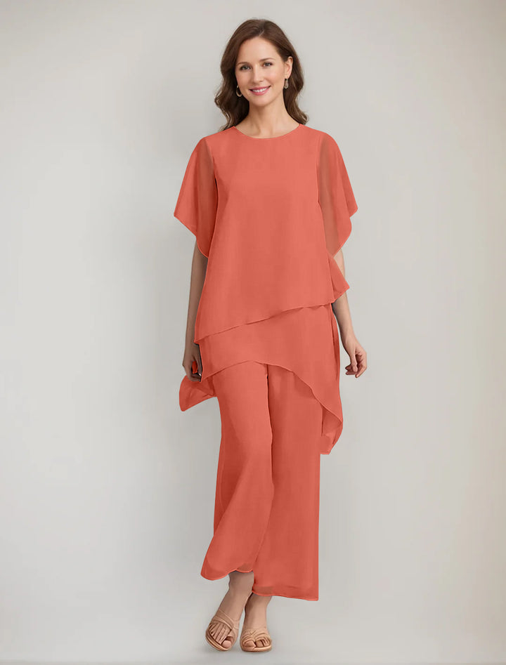 2 Pieces Scoop 1/2 Sleeves Ankle-Length Asymmetrical Mother Of The Bride Pantsuits With Button