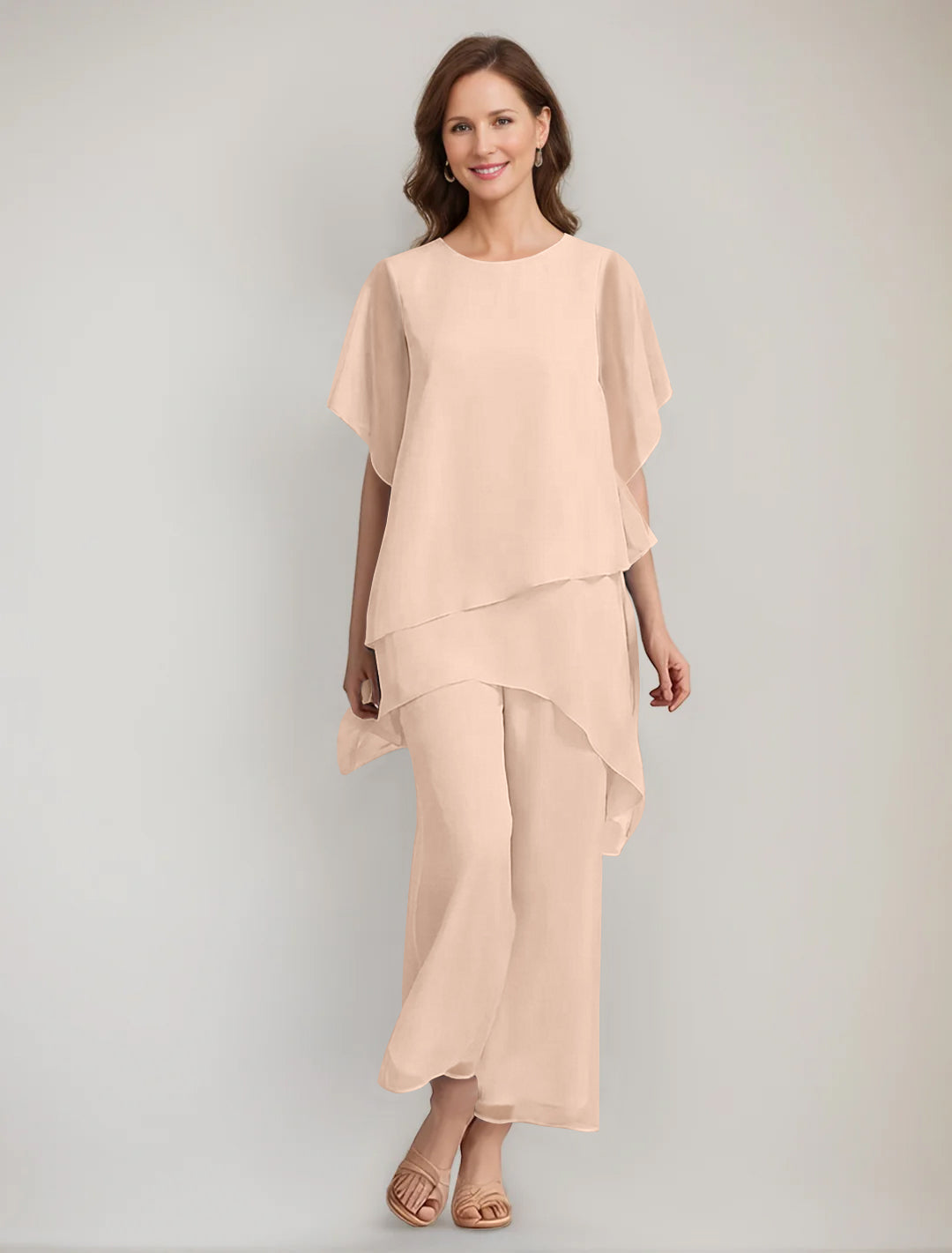 2 Pieces Scoop 1/2 Sleeves Ankle-Length Asymmetrical Mother Of The Bride Pantsuits With Button