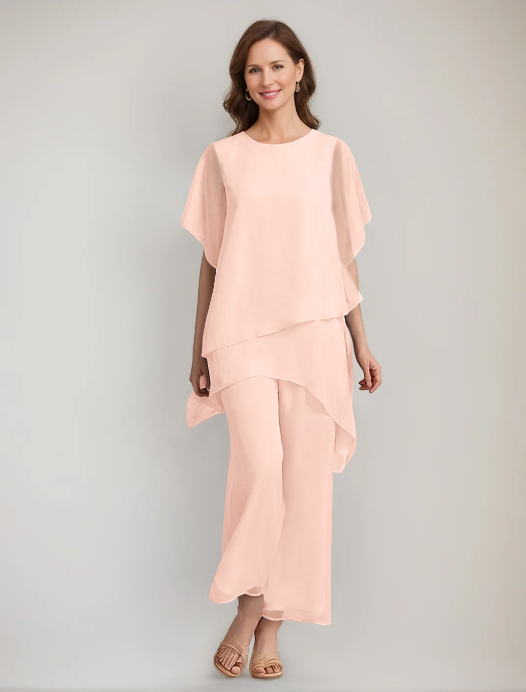 2 Pieces Scoop 1/2 Sleeves Ankle-Length Asymmetrical Mother Of The Bride Pantsuits With Button