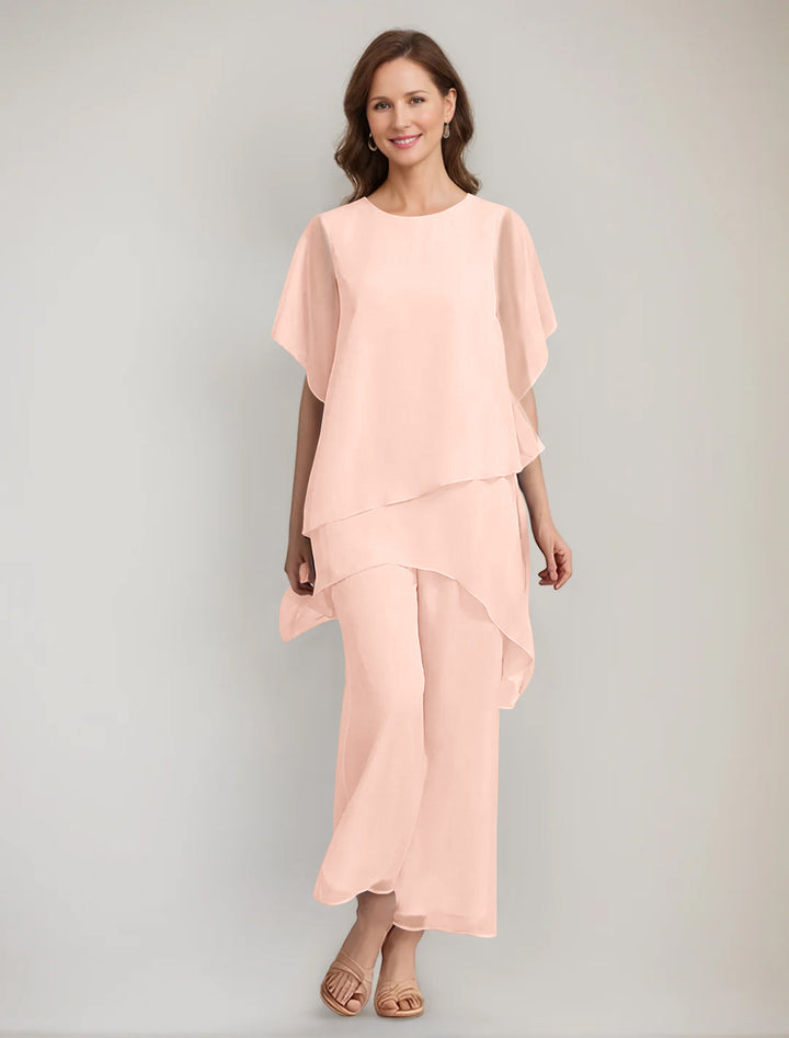 2 Pieces Scoop 1/2 Sleeves Ankle-Length Asymmetrical Mother Of The Bride Pantsuits With Button