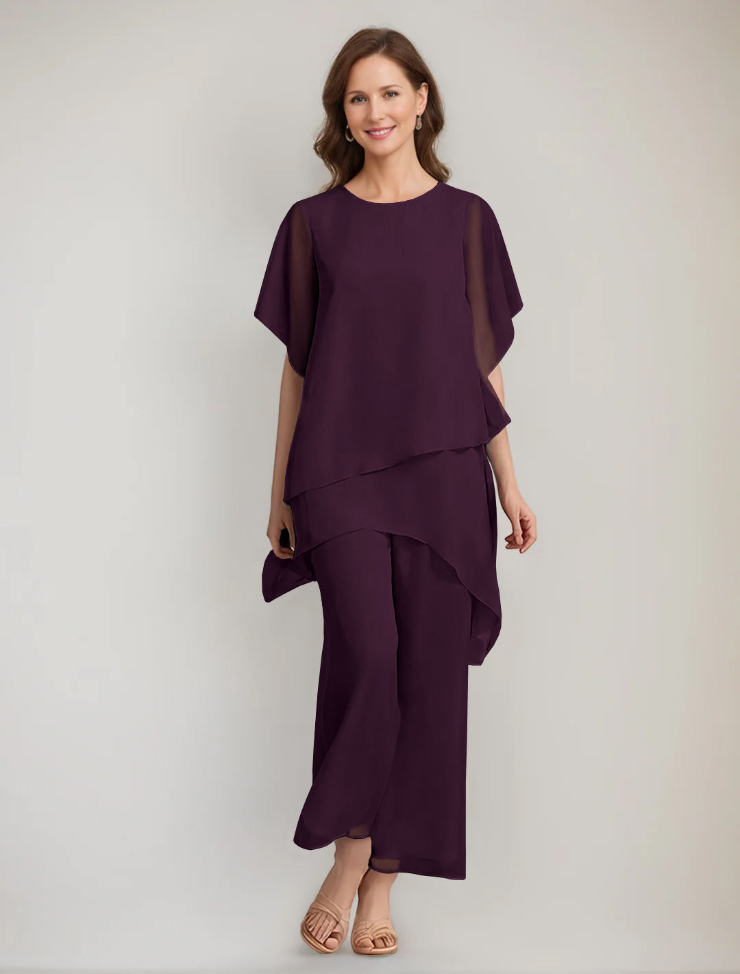 2 Pieces Scoop 1/2 Sleeves Ankle-Length Asymmetrical Mother Of The Bride Pantsuits With Button