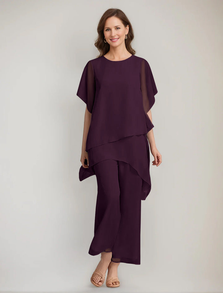 2 Pieces Scoop 1/2 Sleeves Ankle-Length Asymmetrical Mother Of The Bride Pantsuits With Button
