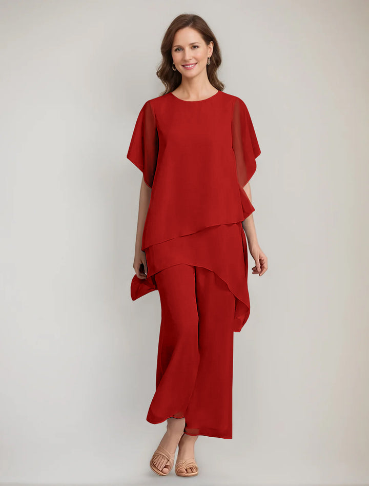 2 Pieces Scoop 1/2 Sleeves Ankle-Length Asymmetrical Mother Of The Bride Pantsuits With Button