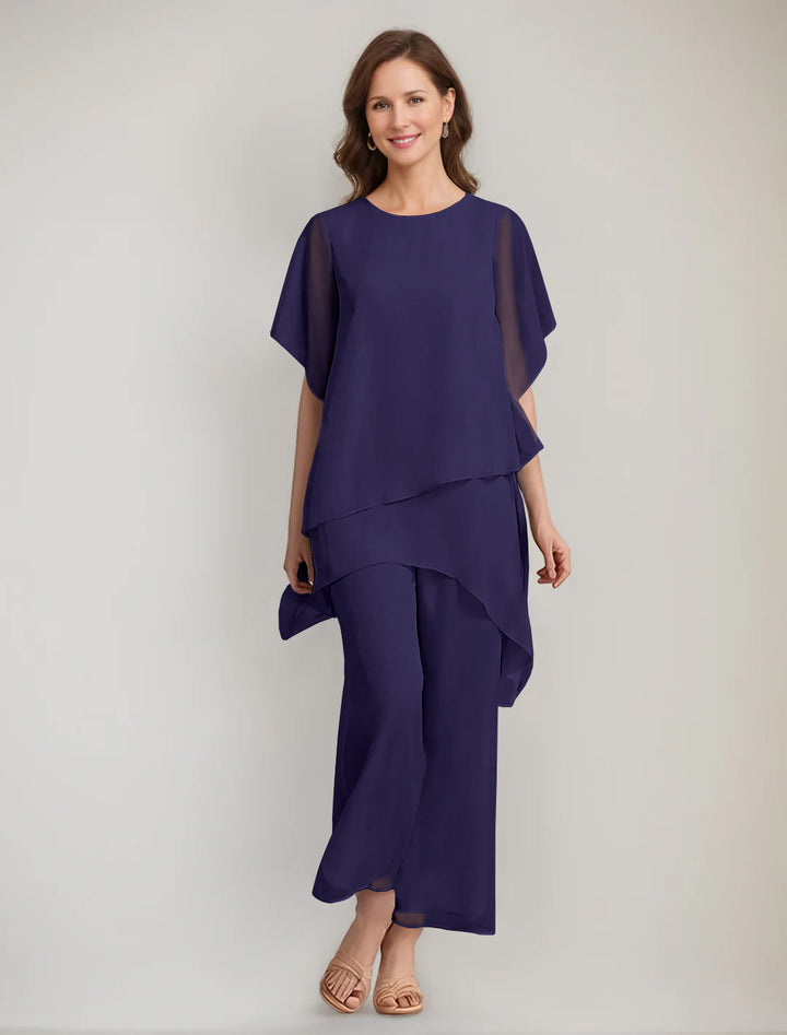 2 Pieces Scoop 1/2 Sleeves Ankle-Length Asymmetrical Mother Of The Bride Pantsuits With Button