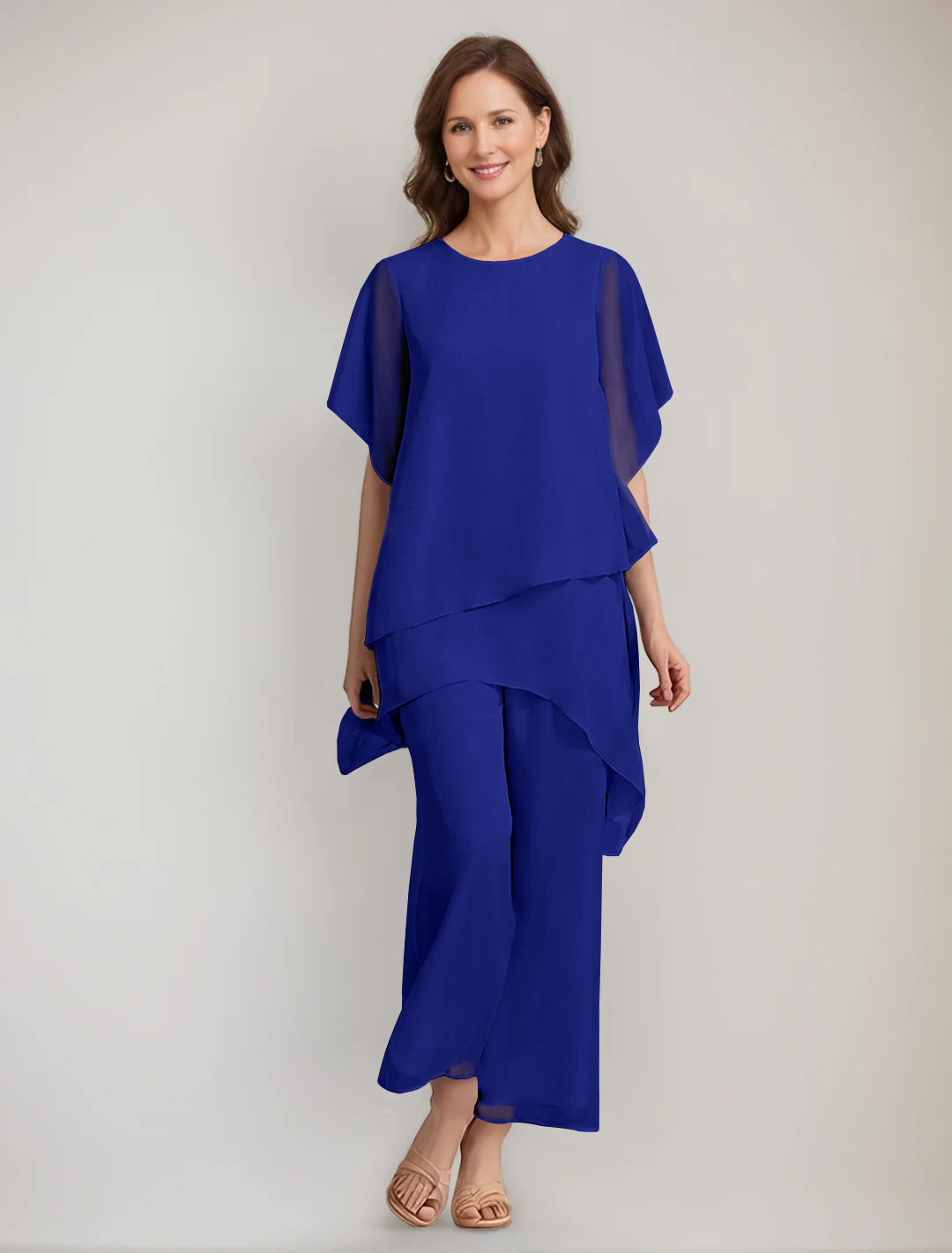 2 Pieces Scoop 1/2 Sleeves Ankle-Length Asymmetrical Mother Of The Bride Pantsuits With Button