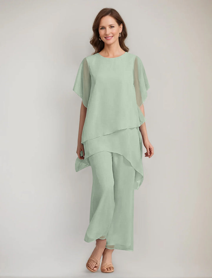 2 Pieces Scoop 1/2 Sleeves Ankle-Length Asymmetrical Mother Of The Bride Pantsuits With Button