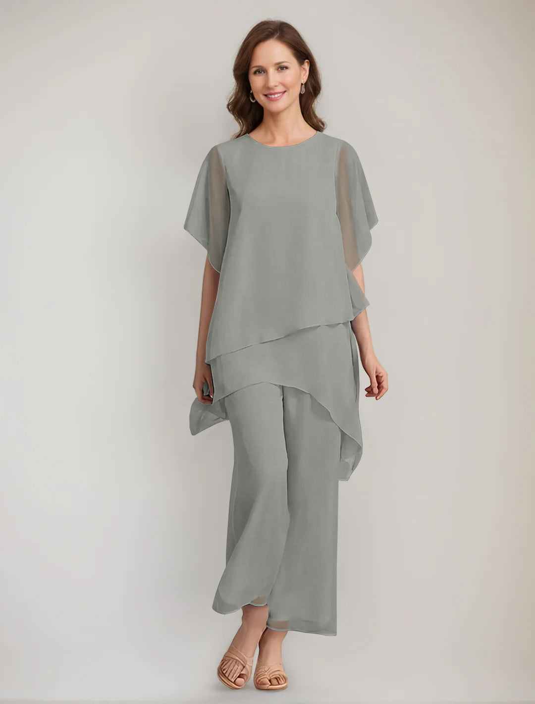 2 Pieces Scoop 1/2 Sleeves Ankle-Length Asymmetrical Mother Of The Bride Pantsuits With Button