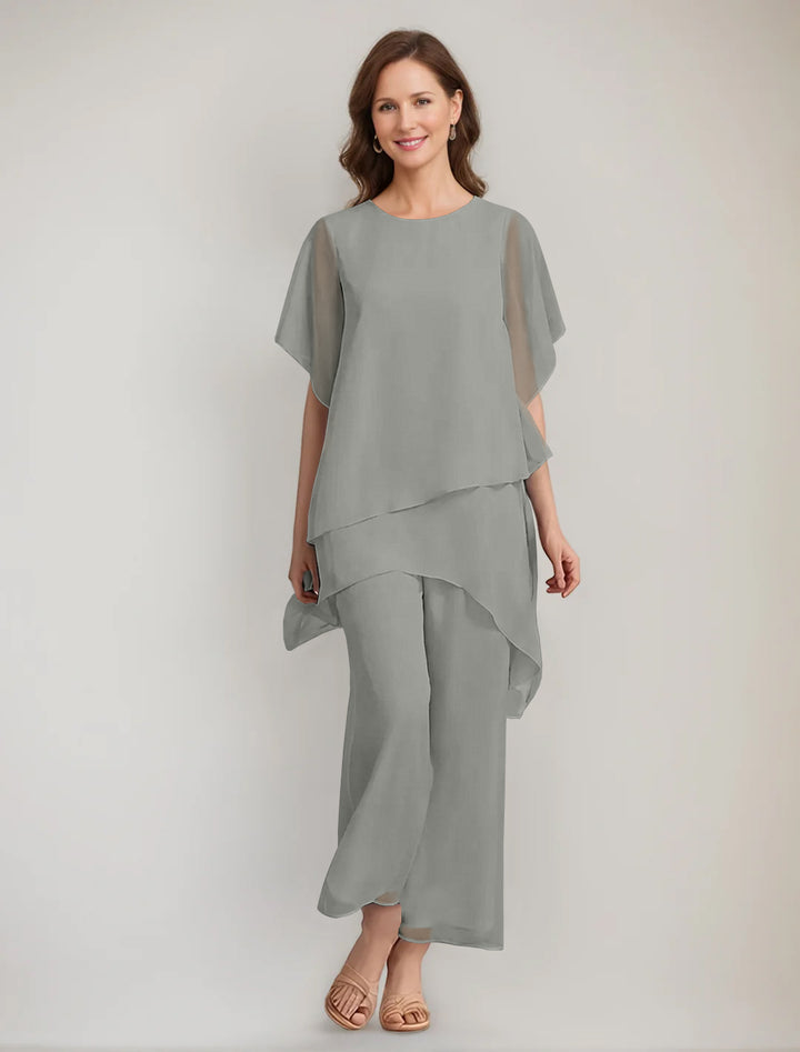 2 Pieces Scoop 1/2 Sleeves Ankle-Length Asymmetrical Mother Of The Bride Pantsuits With Button