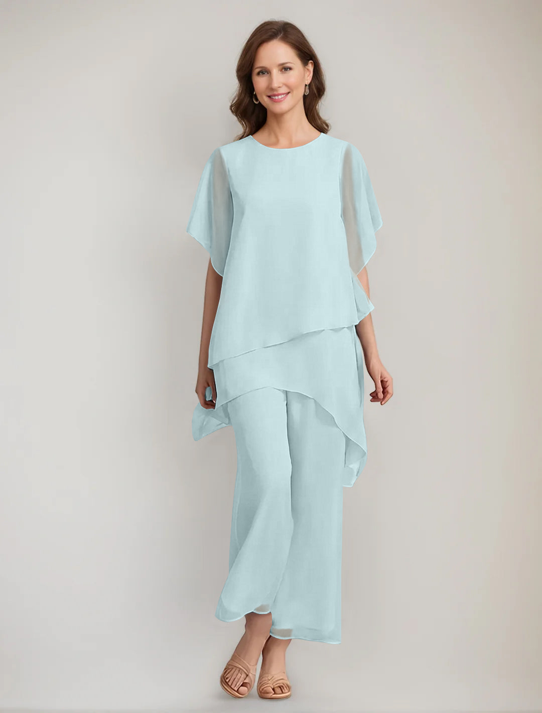 2 Pieces Scoop 1/2 Sleeves Ankle-Length Asymmetrical Mother Of The Bride Pantsuits With Button