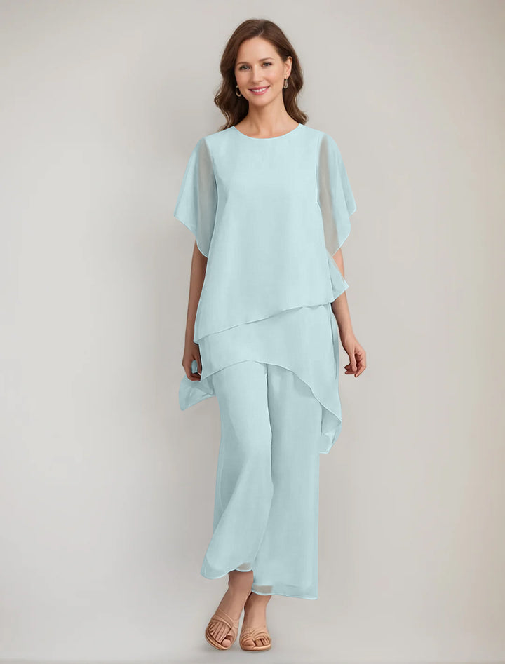 2 Pieces Scoop 1/2 Sleeves Ankle-Length Asymmetrical Mother Of The Bride Pantsuits With Button