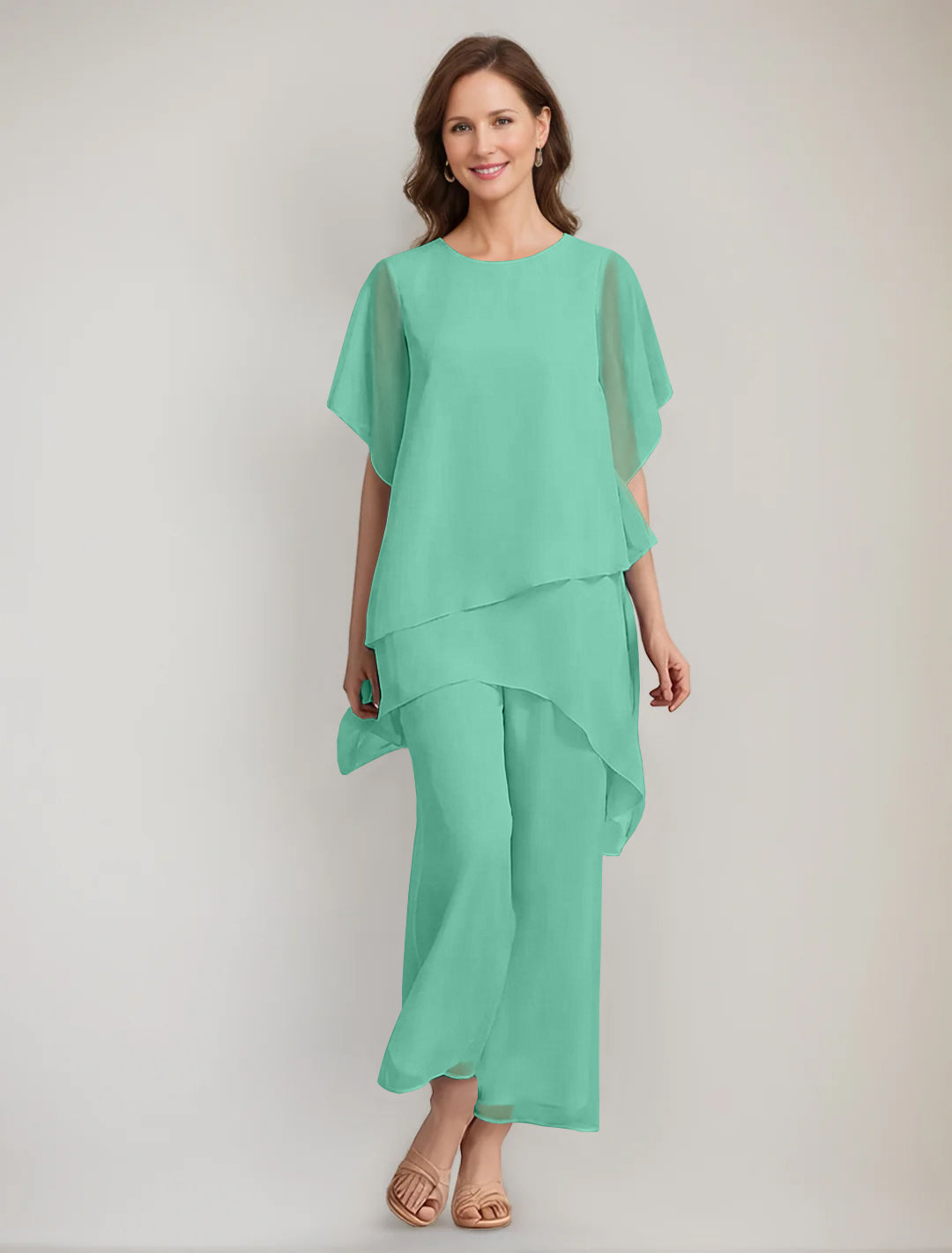2 Pieces Scoop 1/2 Sleeves Ankle-Length Asymmetrical Mother Of The Bride Pantsuits With Button