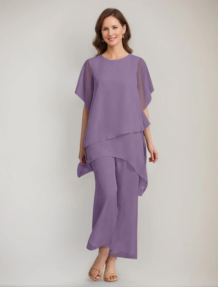 2 Pieces Scoop 1/2 Sleeves Ankle-Length Asymmetrical Mother Of The Bride Pantsuits With Button