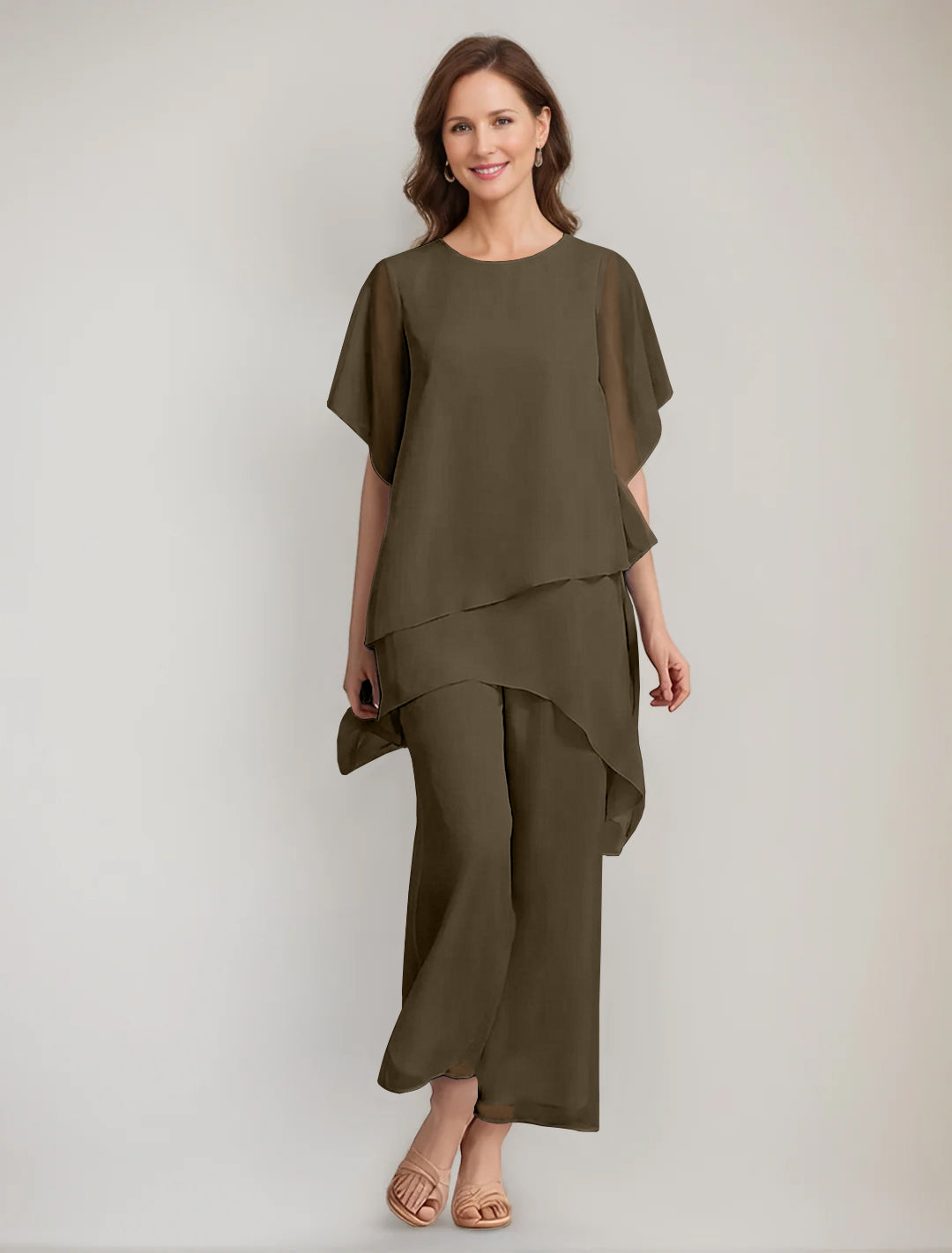 2 Pieces Scoop 1/2 Sleeves Ankle-Length Asymmetrical Mother Of The Bride Pantsuits With Button