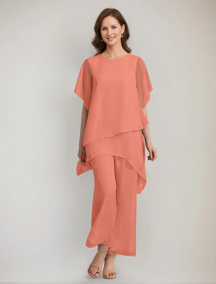 2 Pieces Scoop 1/2 Sleeves Ankle-Length Asymmetrical Mother Of The Bride Pantsuits With Button