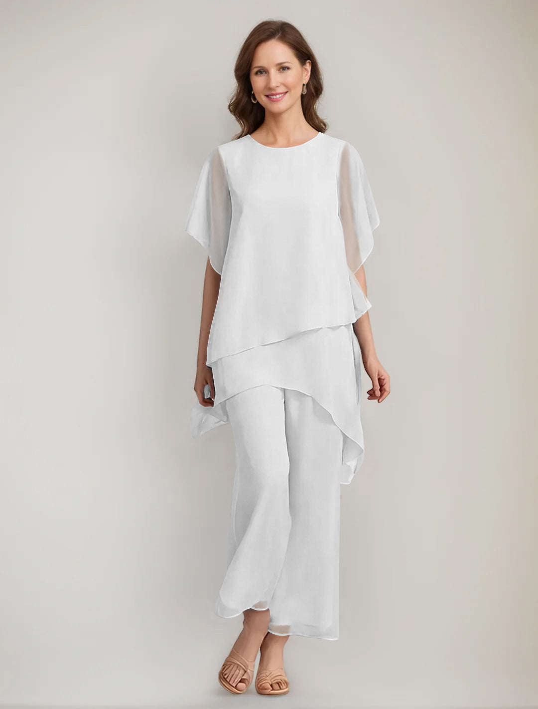 2 Pieces Scoop 1/2 Sleeves Ankle-Length Asymmetrical Mother Of The Bride Pantsuits With Button