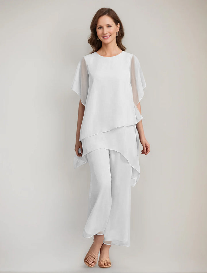 2 Pieces Scoop 1/2 Sleeves Ankle-Length Asymmetrical Mother Of The Bride Pantsuits With Button