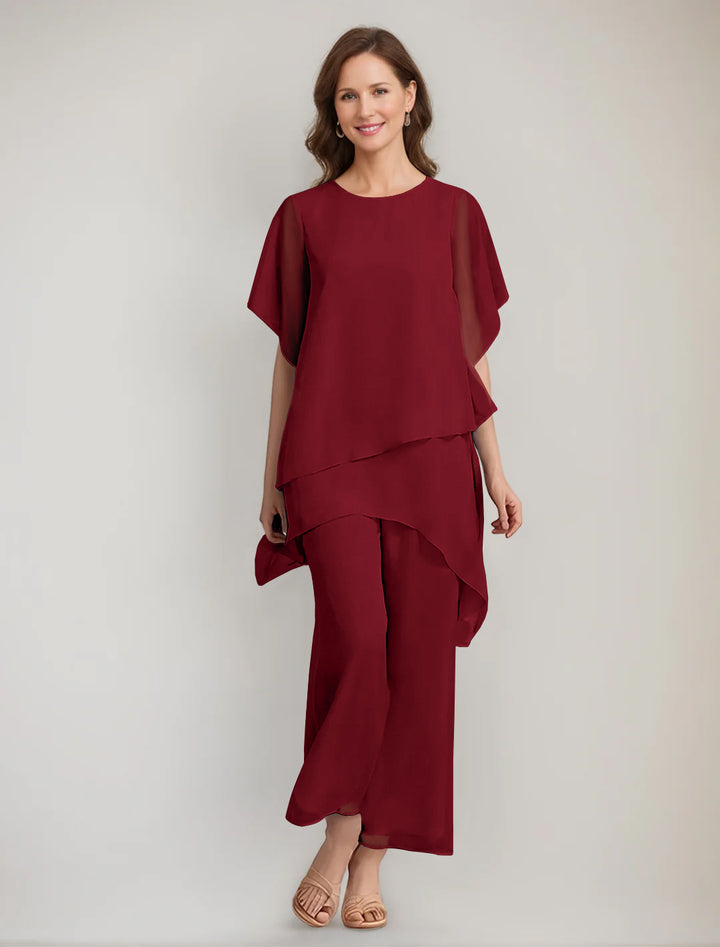 2 Pieces Scoop 1/2 Sleeves Ankle-Length Asymmetrical Mother Of The Bride Pantsuits With Button